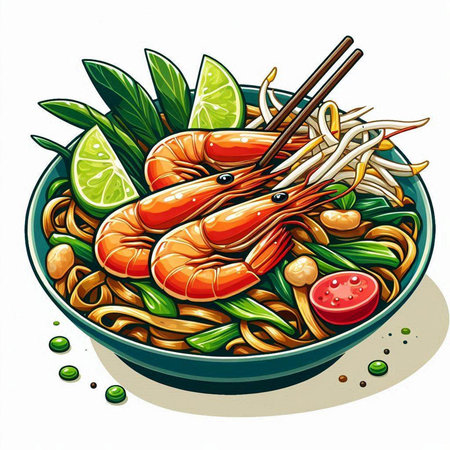 Illustration of shrimps with noodles in bowl on white background