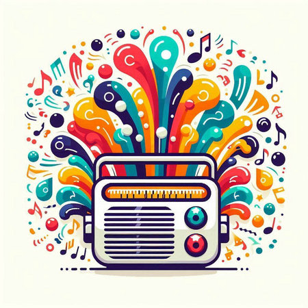 Retro radio with colorful music notes on white background. Vector illustration.のイラスト素材