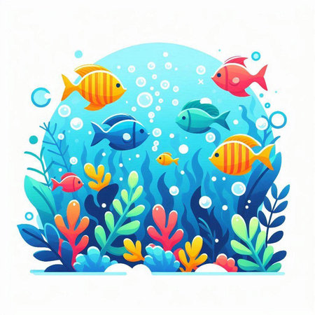 Underwater world. Underwater world with fish and algae. Vector illustrationのイラスト素材