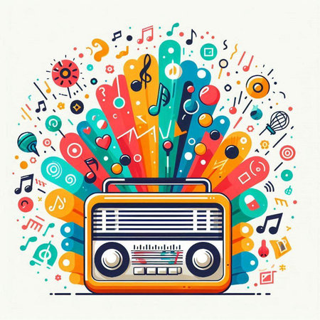 Retro radio with musical notes on colorful background. Vector illustration.のイラスト素材