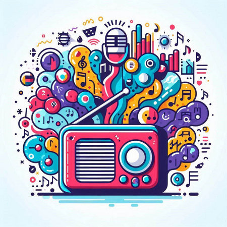 Vector colorful illustration of retro radio on white background. Line art design for web, site, advertising, banner, poster, board and print.のイラスト素材