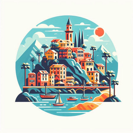 Colorful flat vector illustration of the old town of Rovinj, Croatiaのイラスト素材