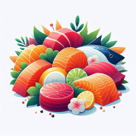 Vector illustration of fresh salmon, tuna, shrimp, fish and vegetables.のイラスト素材