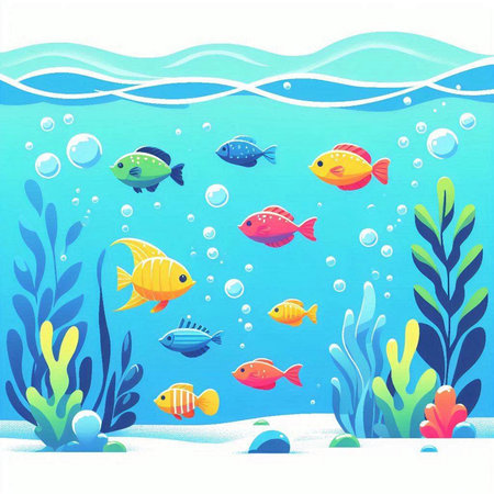Underwater scene with fishes and seaweed. Vector cartoon illustration.のイラスト素材