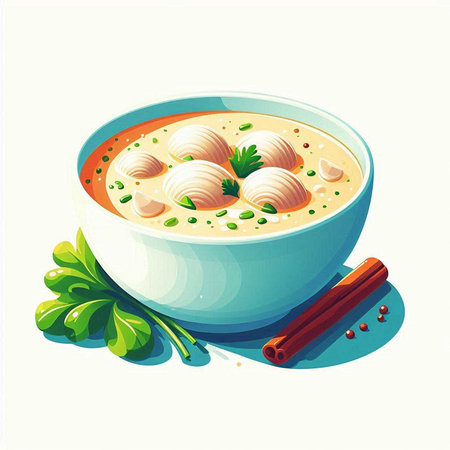 Illustration of a bowl of soup with dumplings and parsleyのイラスト素材