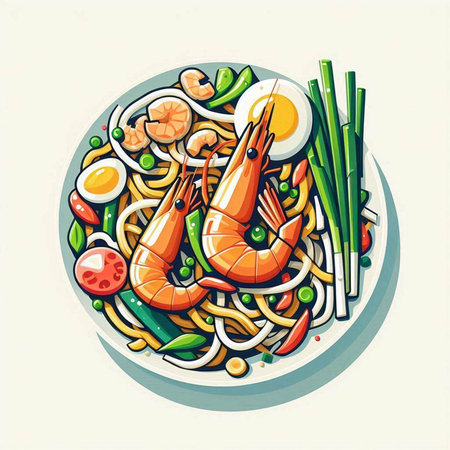 Noodles with shrimps and vegetables. Vector illustration.のイラスト素材