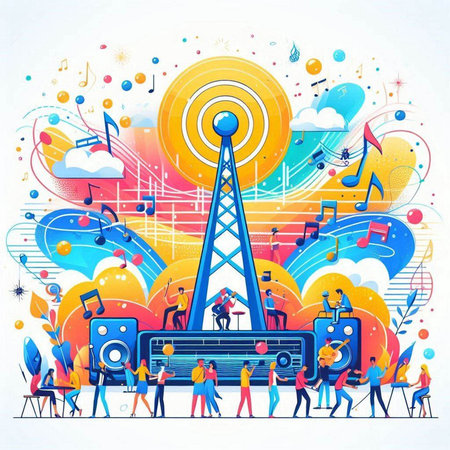 Music festival concept. Vector illustration with people and musical instruments on colorful backgroundのイラスト素材
