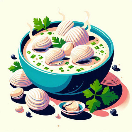 Vector illustration of a bowl of soup with clams and parsleyのイラスト素材