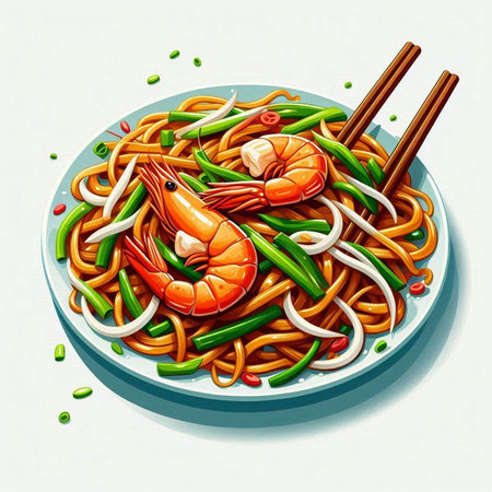 Illustration of a plate of chinese noodles with shrimp and vegetablesのイラスト素材