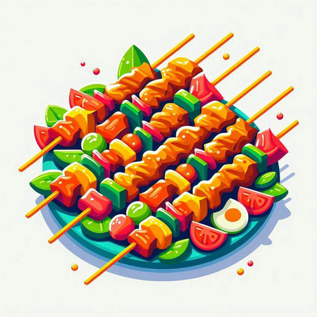 Illustration of grilled meat on skewers on a white background.のイラスト素材