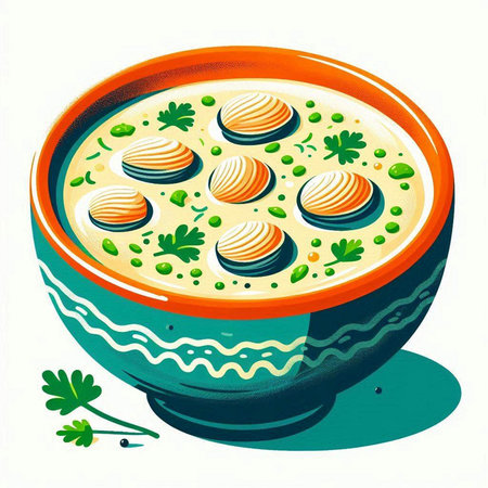 Cream soup in a bowl with clover leaves on white background