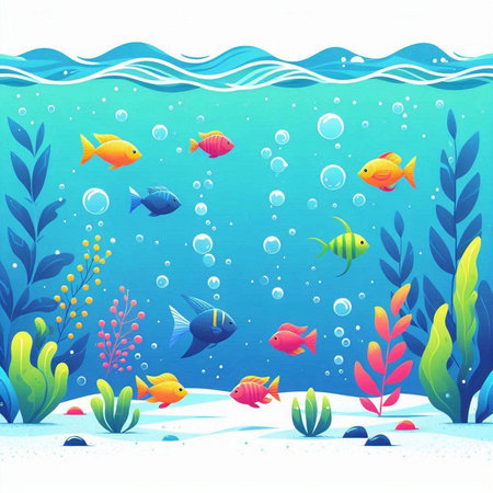 Underwater scene with fish, seaweed and coral. Vector illustration.のイラスト素材