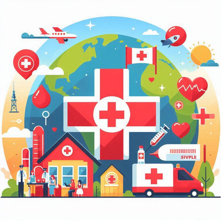 Flat design vector illustration concept of healthcare and medical services around the world.のイラスト素材