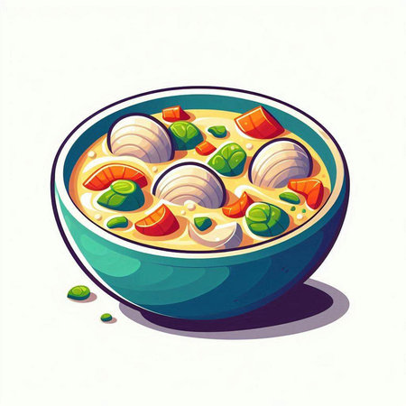 Illustration of a bowl of chinese soup with clams and vegetablesのイラスト素材