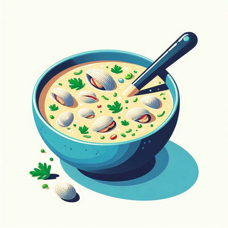 Illustration of a bowl of soup with clams and parsley