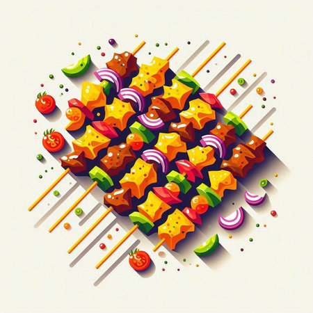 Shish kebab on skewers with vegetables. Vector illustration.のイラスト素材