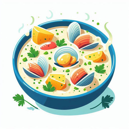 Illustration of a bowl of soup with clams, lemon and parsleyのイラスト素材