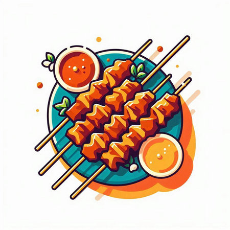 Illustration of pork skewers with sauce on a white background.のイラスト素材
