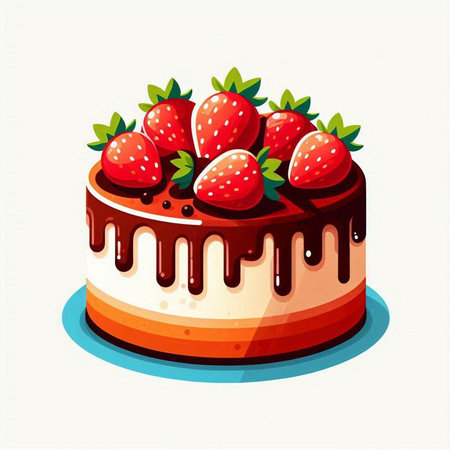 Illustration of a cake with strawberries and chocolate on a white backgroundのイラスト素材