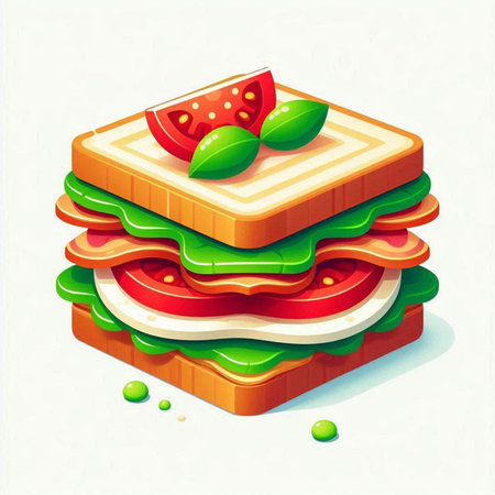 Sandwich with ham, cheese, tomato and lettuce. Vector illustration.のイラスト素材