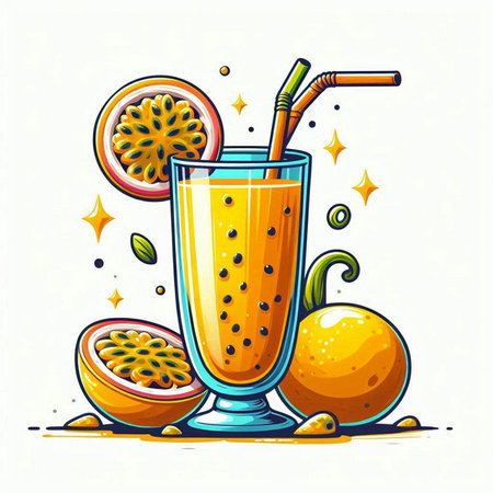 Vector illustration of a glass of passion fruit juice with straws and fruits.のイラスト素材