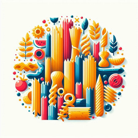 Colorful pasta composition in the form of a circle. Vector illustrationのイラスト素材