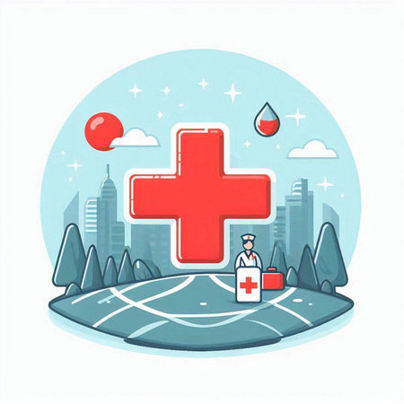 Vector illustration of a medical cross on the background of the city.のイラスト素材