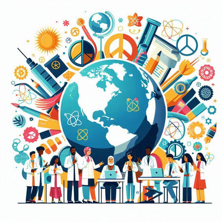 Vector illustration of group of scientists and chemists standing near globe.