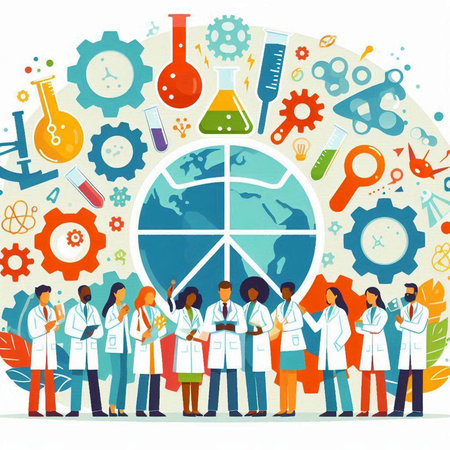 Group of doctors and scientists standing in front of the globe. Vector illustration.