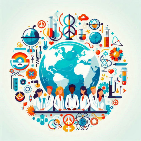 Vector illustration of science and medicine concept. Group of doctors and scientists around the...