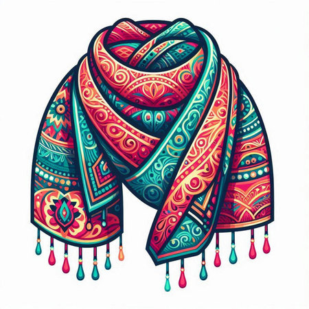 Hand drawn colorful shawl with ethnic ornament. Vector illustration.のイラスト素材
