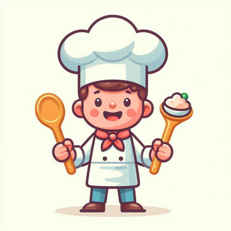Chef boy with spoon and ladle. Vector illustration in cartoon styleのイラスト素材