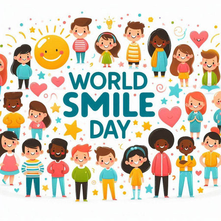 World Smile Day concept with group of people and text. Vector illustration.のイラスト素材