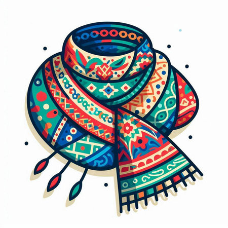 Vector hand drawn illustration of a scarf. Colorful ornamental scarf.のイラスト素材