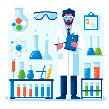 Scientist in laboratory. Chemist with clipboard and test tubes. Vector illustration in flat style