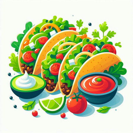 Mexican tacos with guacamole, tomato, cucumber and lettuce. Vector illustrationのイラスト素材
