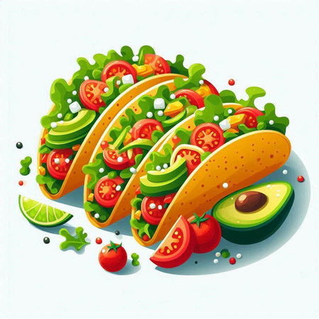Tacos with avocado, tomatoes and lettuce. Vector illustration.のイラスト素材