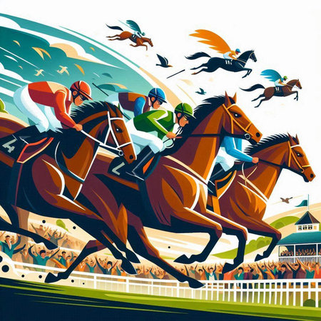 Jockeys on the racecourse. Horseback riding. Vector illustration.のイラスト素材