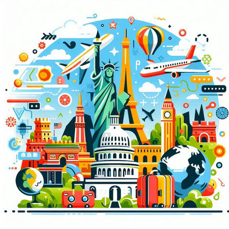 Travel and tourism concept with famous landmarks of the world. Vector illustrationのイラスト素材