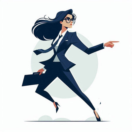 Vector illustration of a businesswoman in a suit and glasses running in a hurry.のイラスト素材
