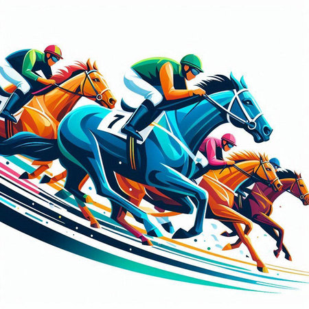 Horses and jockeys riding on racing track vector illustration.