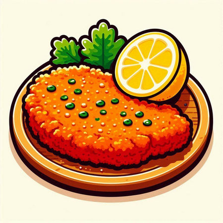 Illustration of a cutlet with a lemon on a wooden plateのイラスト素材