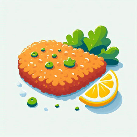 Illustration of a fish cake with lemon and parsley on a light backgroundのイラスト素材
