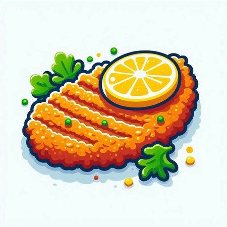 Fried fish fillet with lemon and parsley. Vector illustration.のイラスト素材