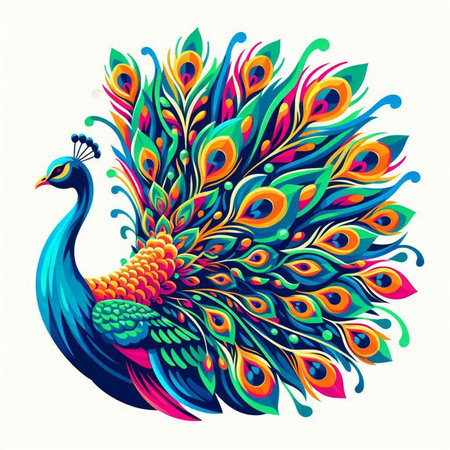 Peacock vector illustration. Colorful peacock on white backgroundのイラスト素材