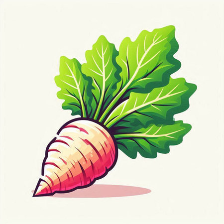 Illustration of a radish with leaves on a white background.