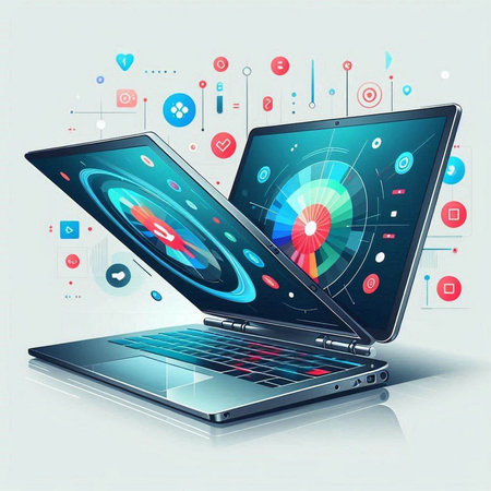 Laptop computer with media icons on the screen. Vector illustration.