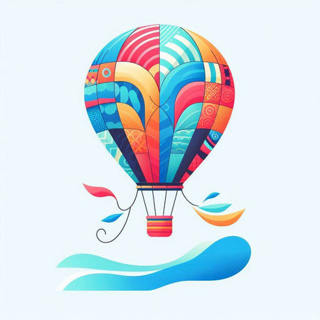 Hot air balloon with colorful pattern on blue background. Vector illustration.のイラスト素材