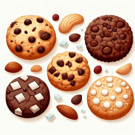 Set of chocolate cookies with nuts and chocolate chips. Vector illustration.のイラスト素材