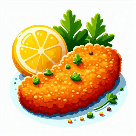 Fried fish fillet with lemon and parsley. Vector illustration.のイラスト素材
